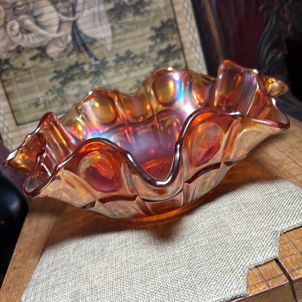 Carnival Marigold Bowl Iridescent Amber Glass Art EAC 9.25”Dx3.25”H
